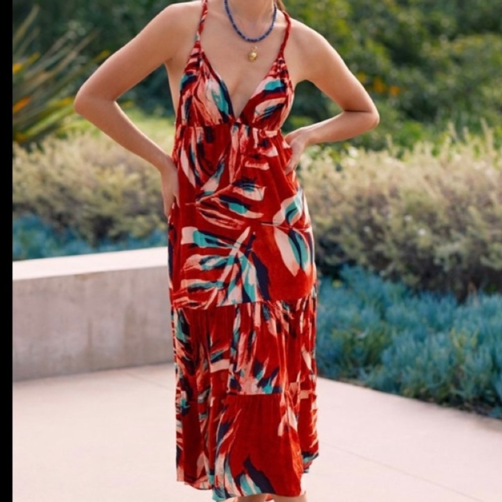 ANTHROPOLOGIE DANIKA TIERED MIDI DRESS small dark orange tropical red navy
